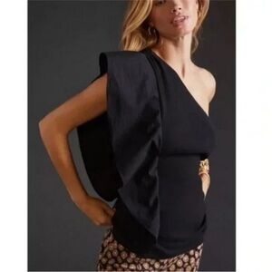 Anthropologie Black One Shoulder Ruffle Shirt, Small